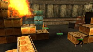 Combat scene inside a warehouse area.
